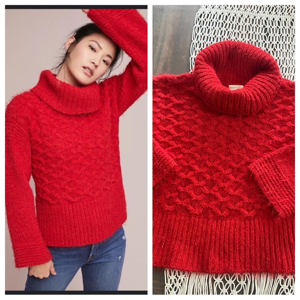 Anthropologie Red Cowl Neck Sweater